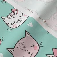 Pink Cat Cats  Faces with Bows and Hearts on Mint Green