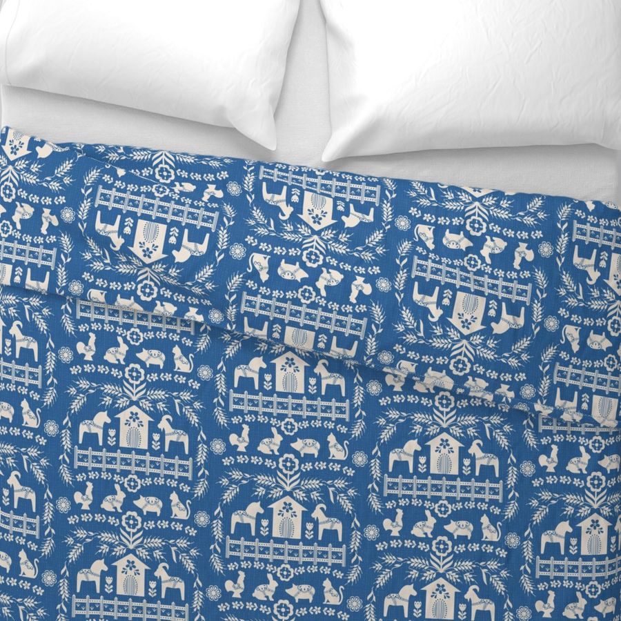 Dala Farm in Blue // swedish folk art dala horse cat rooster pig goat bunny farm bright blue fabric