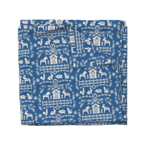 Dala Farm in Blue // swedish folk art dala horse cat rooster pig goat bunny farm bright blue fabric