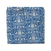 Dala Farm in Blue // swedish folk art dala horse cat rooster pig goat bunny farm bright blue fabric