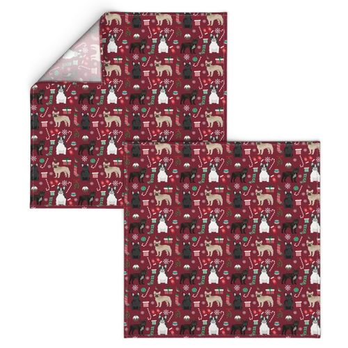 French Bulldog Christmas fabric candy canes stockings snowflakes winter maroon