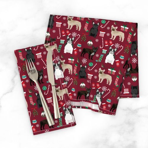 French Bulldog Christmas fabric candy canes stockings snowflakes winter maroon