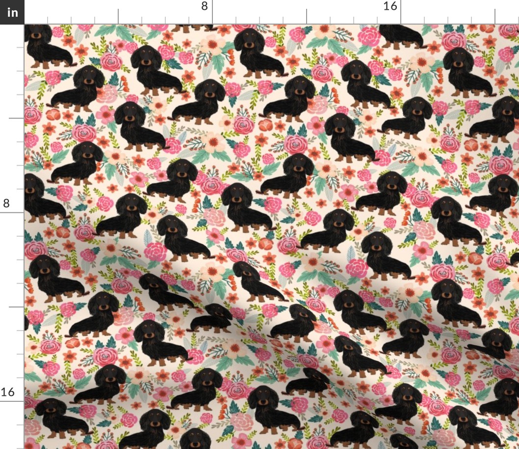 doxie floral black and tan longhair dog breed dachshunds fabric cream