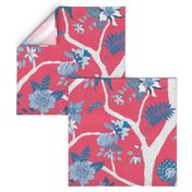 Peony Branch Mural- Blue & White on Cherry