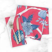 Peony Branch Mural- Blue & White on Cherry