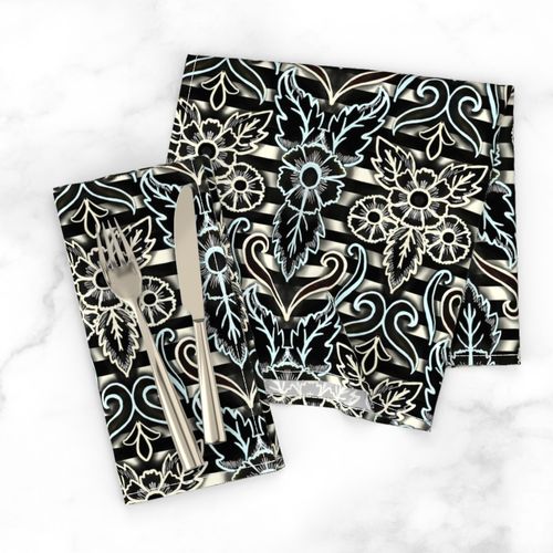  gothic floral stripe damask in ivory, sky, and black