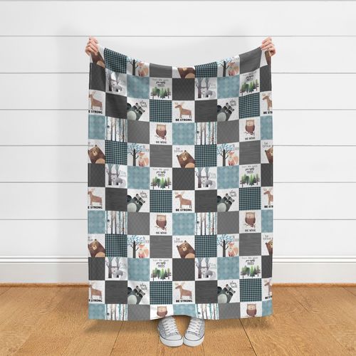 Woodland Critters Patchwork Quilt - Bear Moose Fox Raccoon Wolf, Gray & Blue Design GingerLous