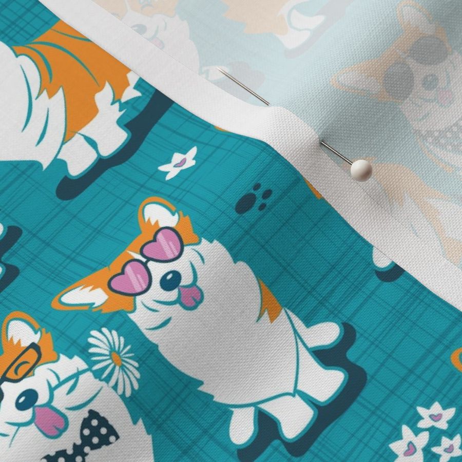 Charming corgis // small scale // teal background