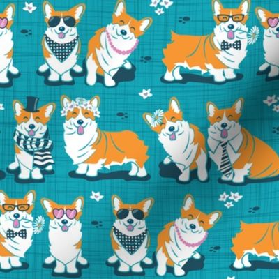 Charming corgis // small scale // teal background