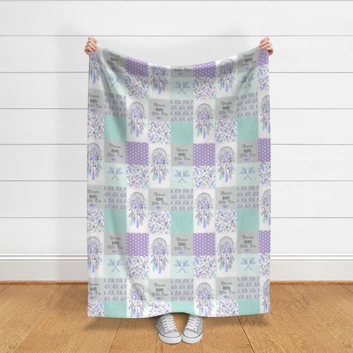 Dream Catcher Patchwork Quilt Top – Wholecloth for Girls Purple Lavender Grey Mint Feathers Nursery Blanket Baby Bedding