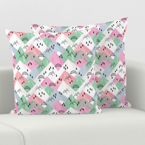 Abstract Scandinavian mountains woodland road trip adventure and pine tree forest pink mint