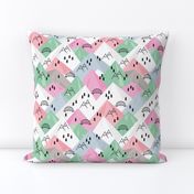 Abstract Scandinavian mountains woodland road trip adventure and pine tree forest pink mint