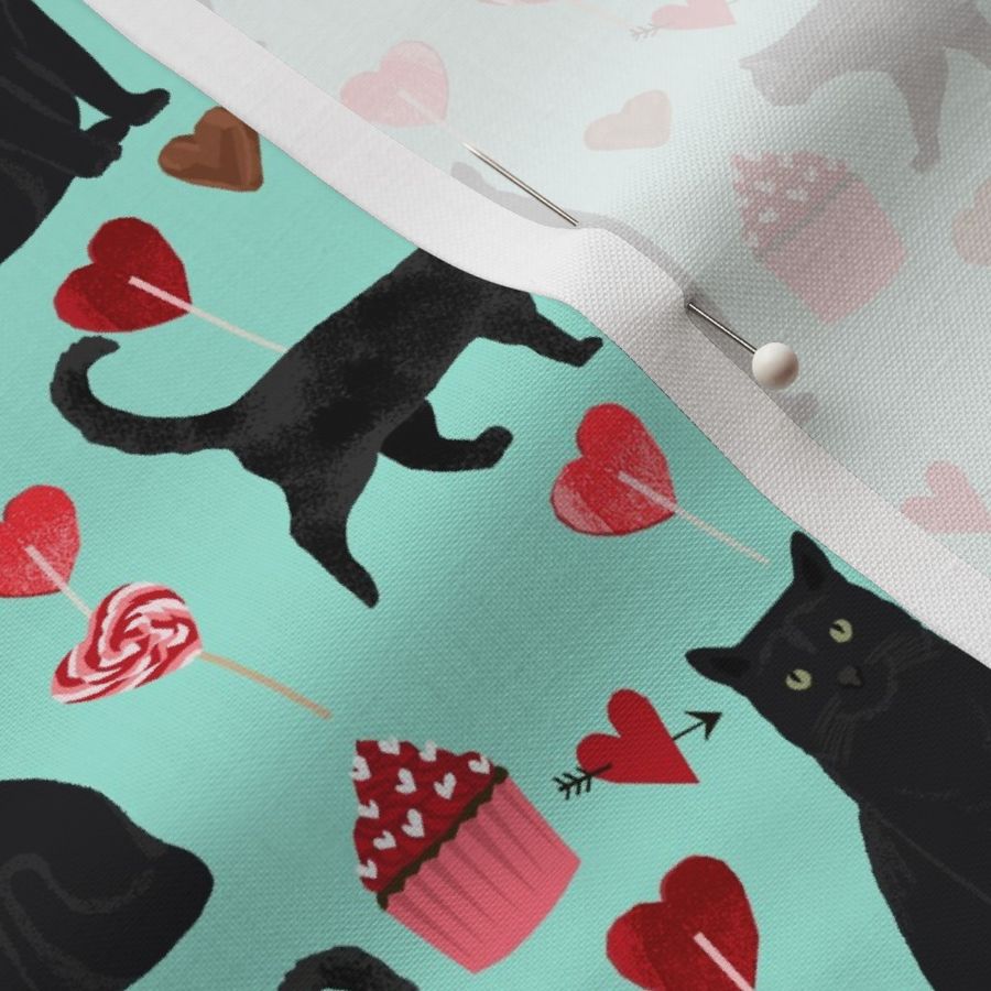 black cat valentines day fabric - cat lady valentines, cat lady fabric, cat love fabric, cupcakes chocolates fabric - mint