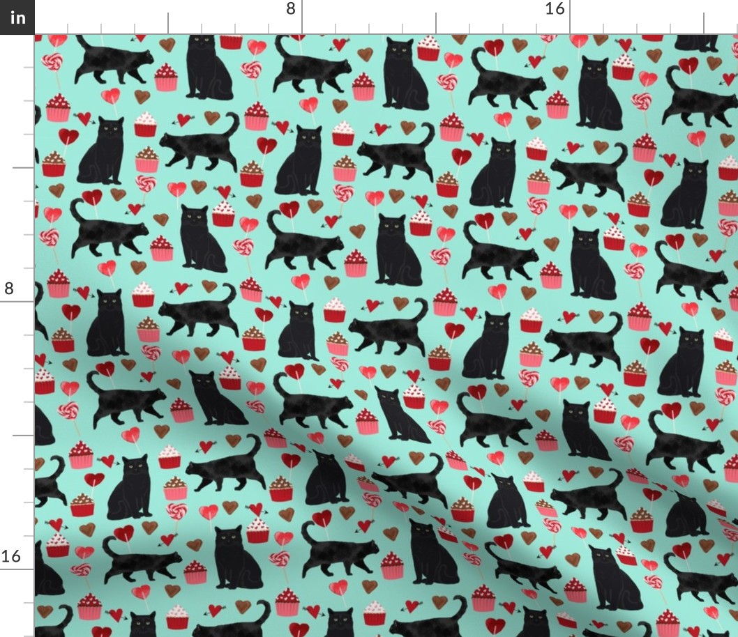 black cat valentines day fabric - cat lady valentines, cat lady fabric, cat love fabric, cupcakes chocolates fabric - mint