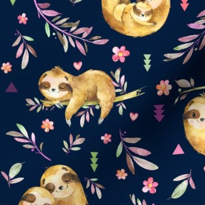 Sloths Hangin On, navy blue – Children's Bedding Baby Girl Nursery, LARGE Scale