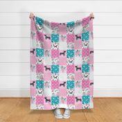 pitbull cheater quilt - floral quilt, quilt top, patchwork, dog quilt, dog design, floral dog fabric, floral pitbull - pink and teal