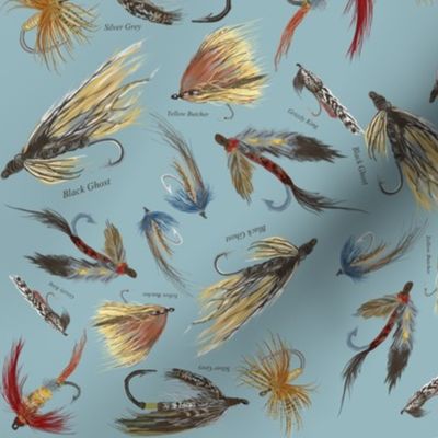 Fly Fishing Lures on Blue