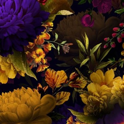 Vintage Summer Night Romanticism:  Maximalism Moody Burgundy Red Florals- Antiqued  Yellow And Purple Peonies and Nostalgic - Gothic Mystic Night-  Antique Botany Wallpaper and Victorian  Dramatic Glamour Goth Mystic inspired