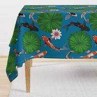 Asian Lily Pad Lotus Koi Fish Art - Dark Blue - Larger Version