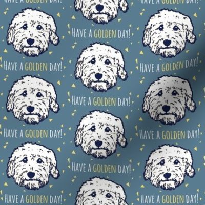 Have a golden day - goldendoodle fabric in blue