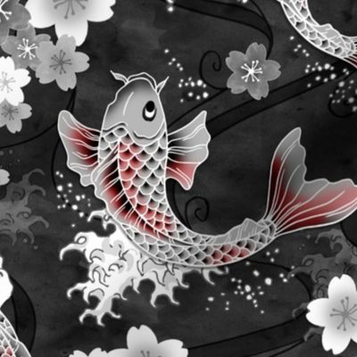 Koi and sakura blossom in grey