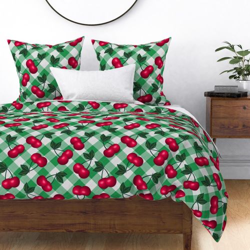 Jumbo red Cherries on Blue & Green Gingham Checkers - 50s Kitchen Decor