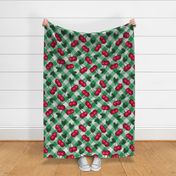 Jumbo red Cherries on Blue & Green Gingham Checkers - 50s Kitchen Decor