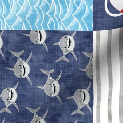 Shark Wholecloth - mid blue - shark, fin, and life preserver - shark nursery (90) - LAD19