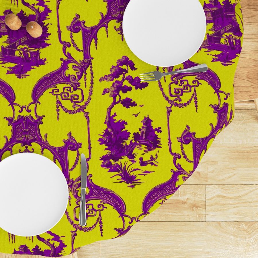 The Hawes Chinoiserie Toile ~ Faux Gilt and Purple on Dictator 