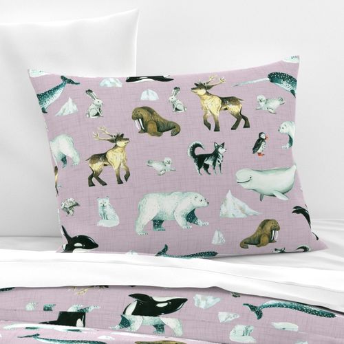 Arctic Pals / Watercolour Arctic Animals on Mauve Linen Background