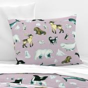 Arctic Pals / Watercolour Arctic Animals on Mauve Linen Background