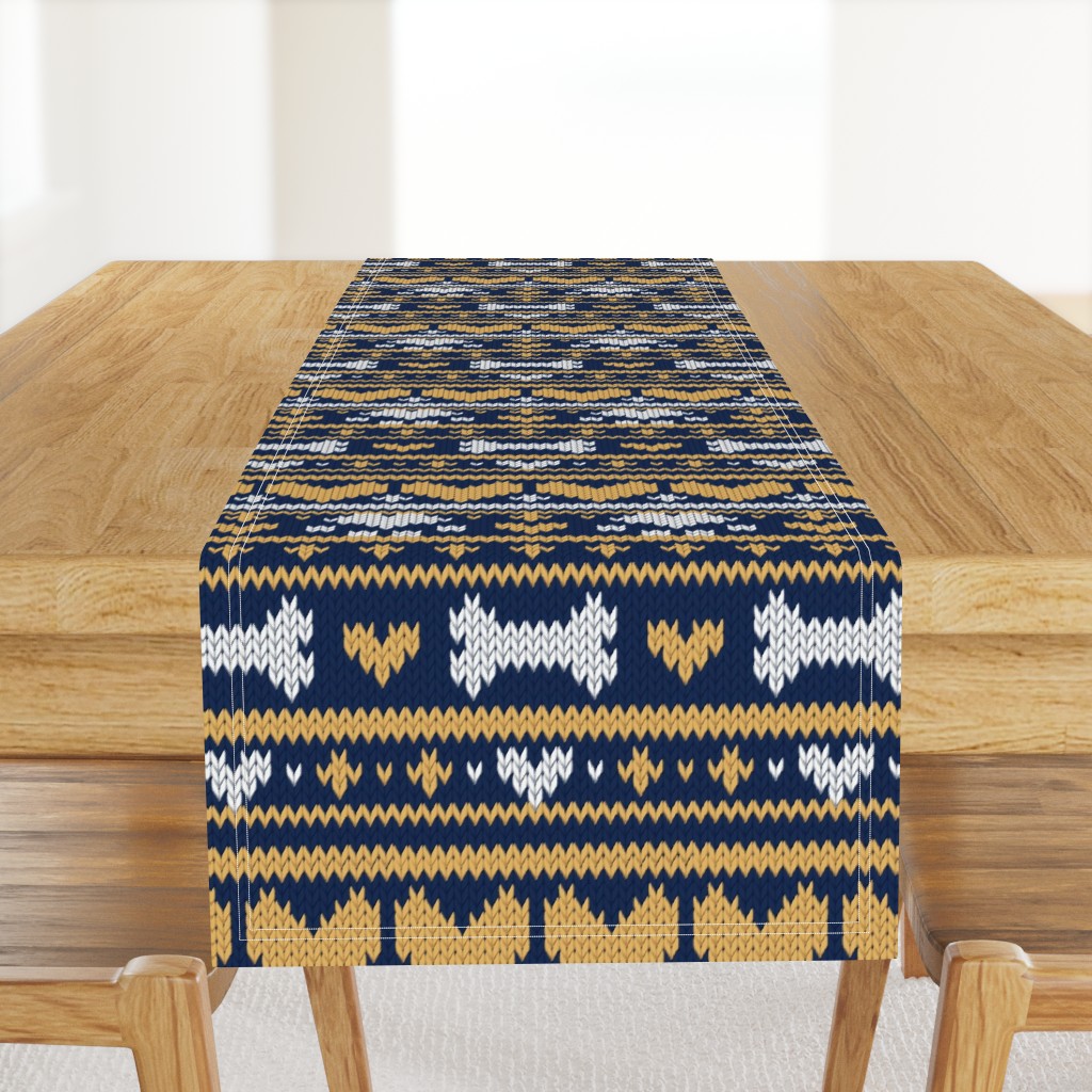 Normal scale // Fair Isle Knitting Doggies Love // navy blue background white bones and dogs paws yellow hearts