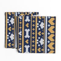 Normal scale // Fair Isle Knitting Doggies Love // navy blue background white bones and dogs paws yellow hearts