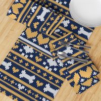 Normal scale // Fair Isle Knitting Doggies Love // navy blue background white bones and dogs paws yellow hearts