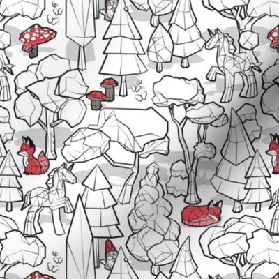 Small scale // Geometric whimsical wonderland // black background white forest with unicorns red foxes gnomes and mushrooms 