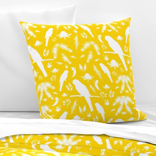 Australiana Rosella Garden - White silhouettes on sunshine yellow, large