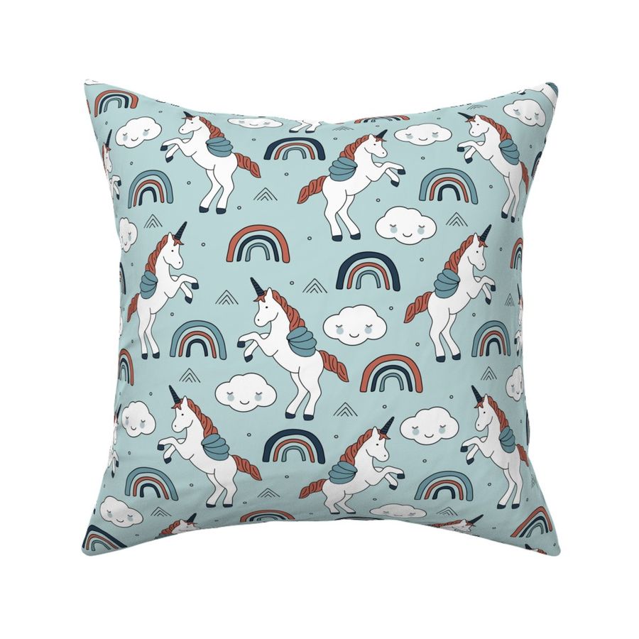 Magical unicorns and rainbows with fluffy kawaii clouds kids fantasy blue rust