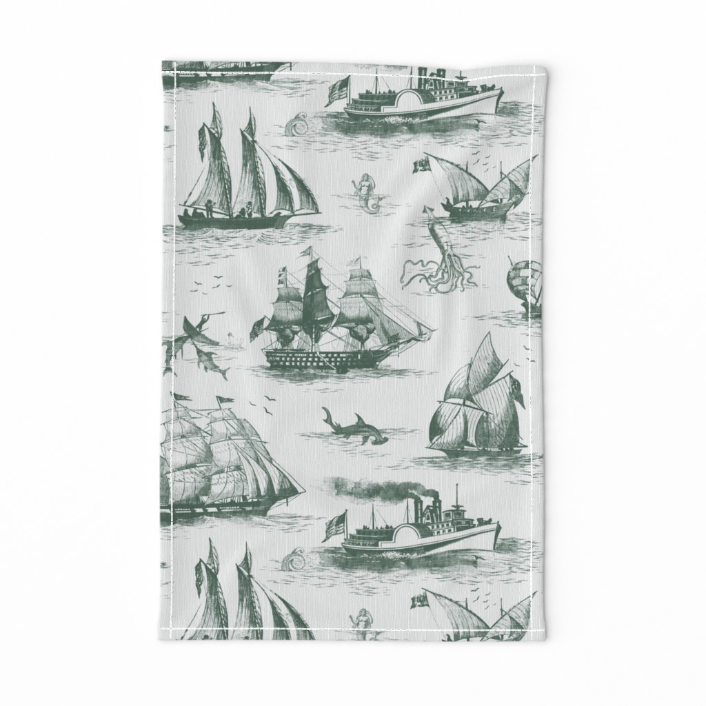 TOILE BATEAUX - DARK GREEN ON WHITE