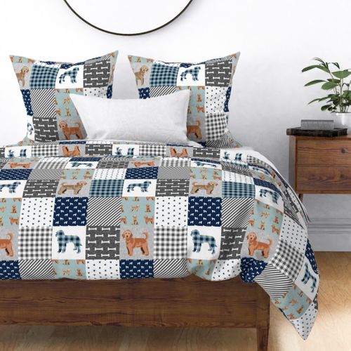 golden doodle cheater quilt fabric - dog quilt, cheater quilt, wholecloth, - blue plaid