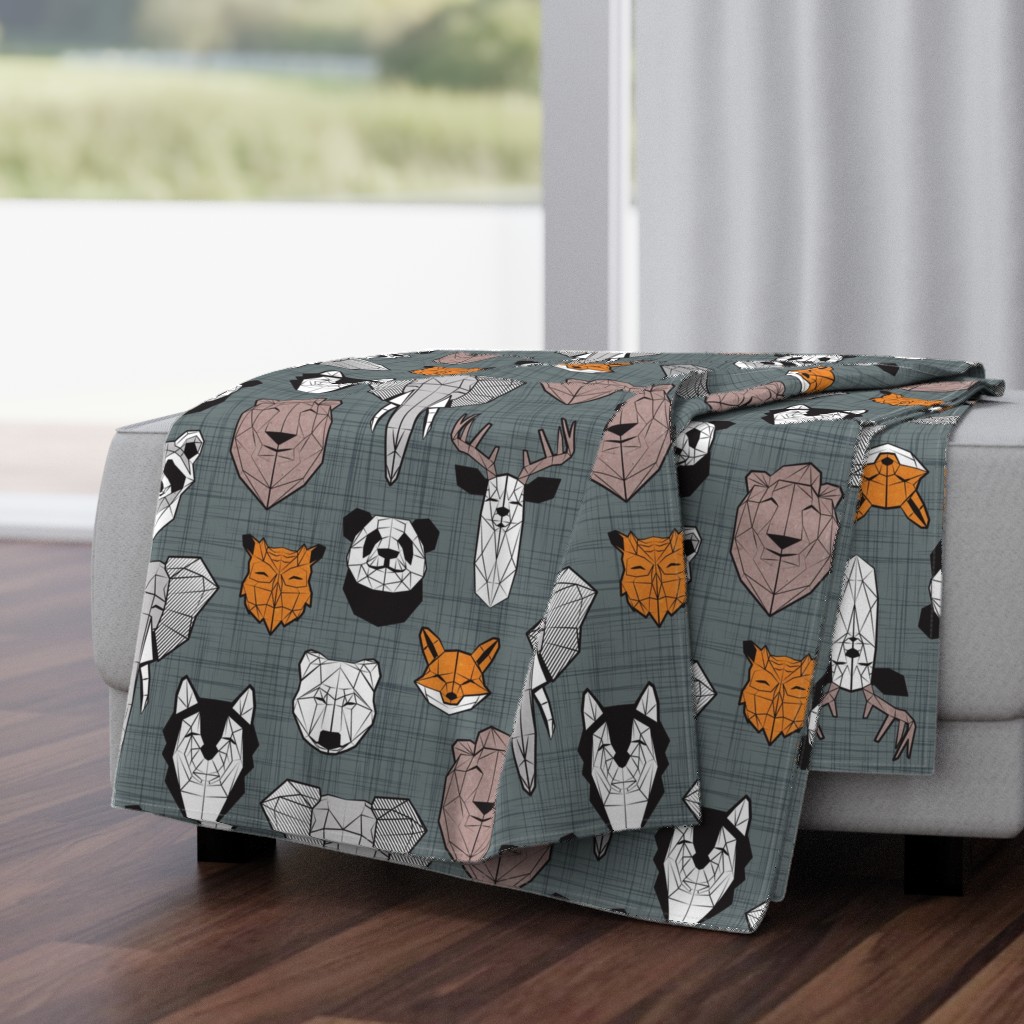 Normal scale // Friendly Geometric Animals // green grey linen texture background black and white orange brown and grey deers bears foxes wolves elephants raccoons lions owls and pandas