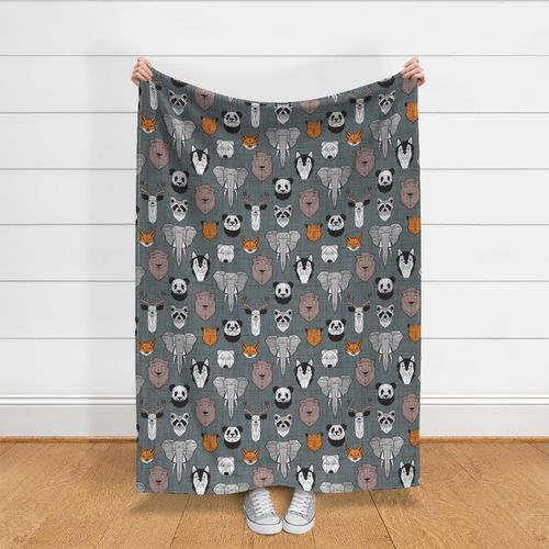 Normal scale // Friendly Geometric Animals // green grey linen texture background black and white orange brown and grey deers bears foxes wolves elephants raccoons lions owls and pandas