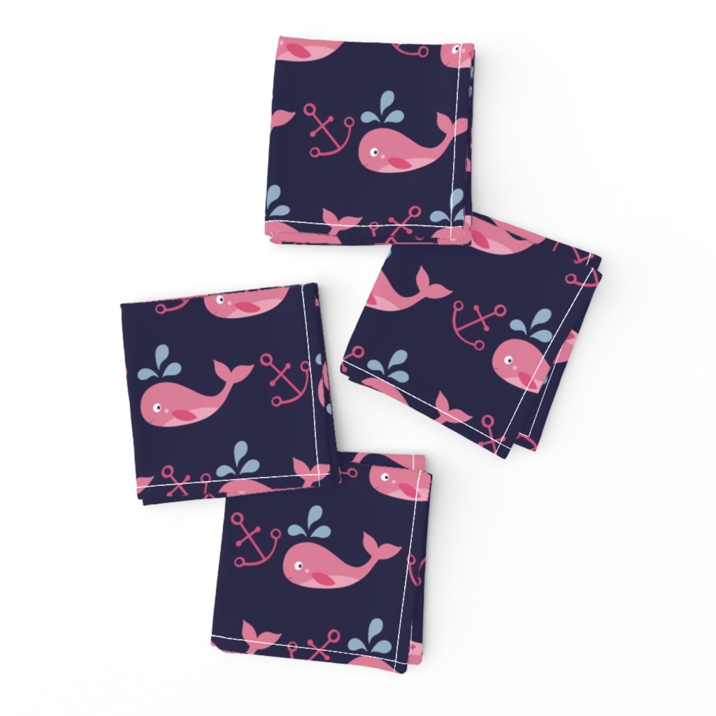 Pink Whales with Anchors and Navy Background