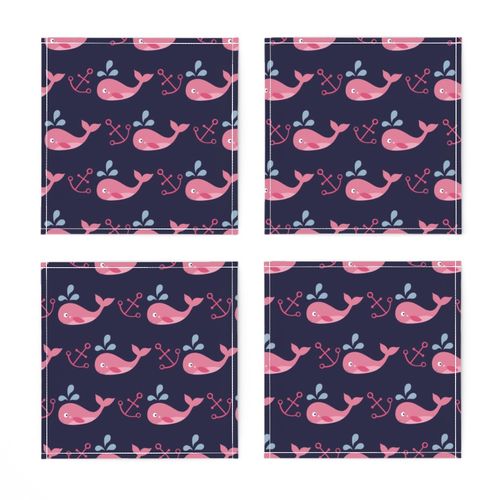 Pink Whales with Anchors and Navy Background