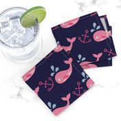 Pink Whales with Anchors and Navy Background