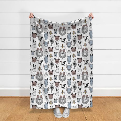 Normal scale // Friendly Geometric Farm Animals // white background black and white brown pastel blue and yellow pigs queen bees lambs cows bulls dogs cats horses chickens and bunnies