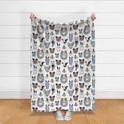 Normal scale // Friendly Geometric Farm Animals // white background black and white brown pastel blue and yellow pigs queen bees lambs cows bulls dogs cats horses chickens and bunnies