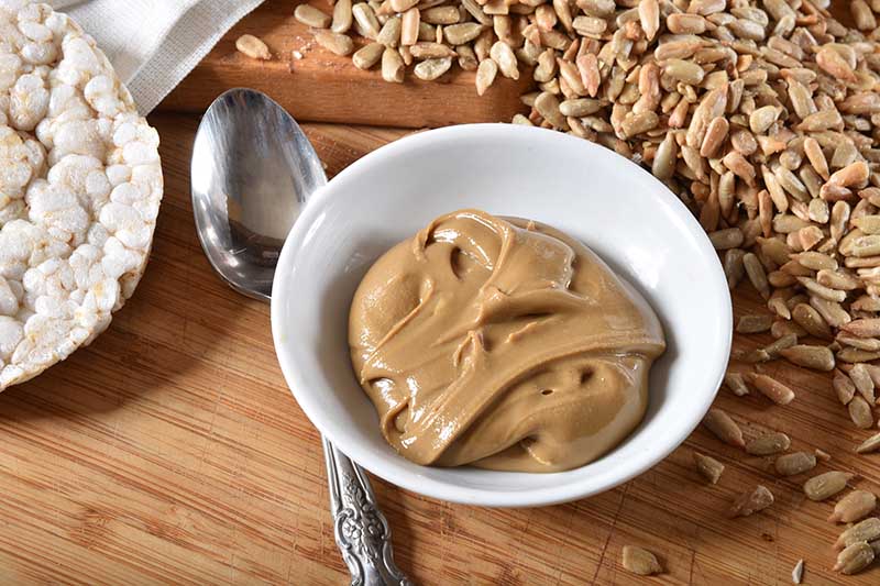 A close up of a small white bowl containing homemade seed butter, set on a wooden surface, with a metal spoon to the left, and shelled, roasted sunflower seeds to scattered to the right of the frame.