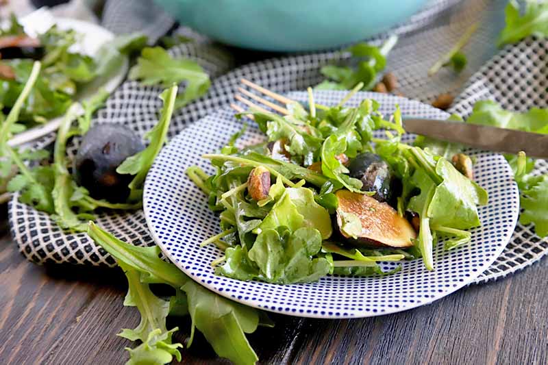 A close up horizontal image of a freshly prepared arugula salad set on a wooden surface.