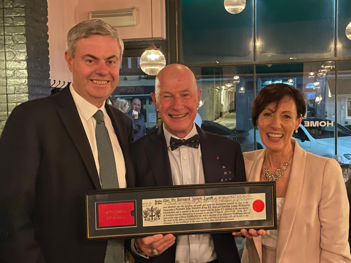 Irish Ambassador to the UK Martin Fraser (left) with Bernárd Lynch and Deirdre Fraser.