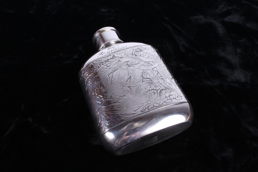 Meriden B Company Silver Plate Flask with Hunt Scene Motif